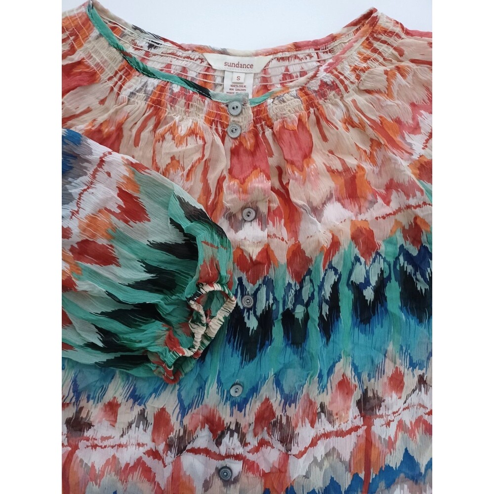 Sundance‎ Top Silk Chiffon Sheer Blouse Size S Southwestern Print 3/4 Sleeve